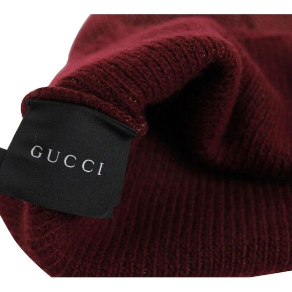 Gucci Unisex Burgundy Wool Cashmere Cotton Large Knit Beanie Hat With Logo - Picture 5 of 6